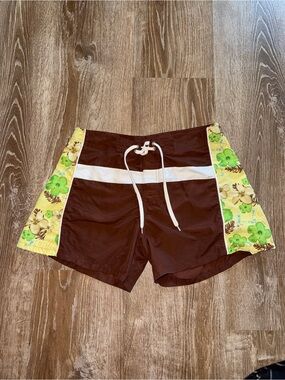 vintage Y2K Brown Board Shorts with Yellow Floral Side Panels